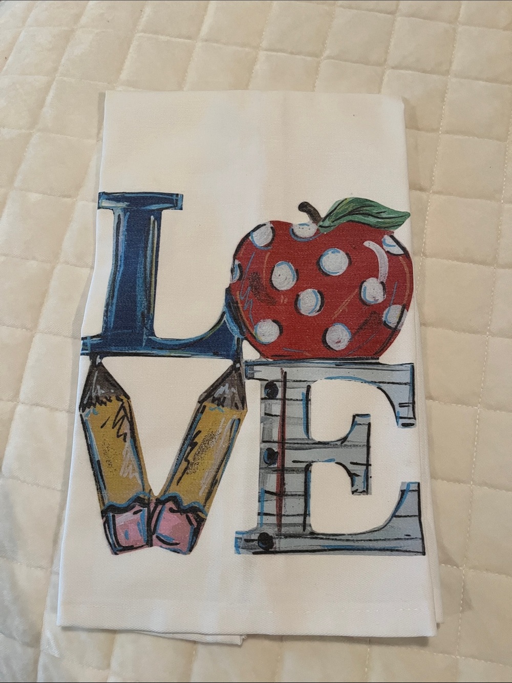 Source Unknown Cream/White Kitchen Towel with School-Themed LOVE Graphic